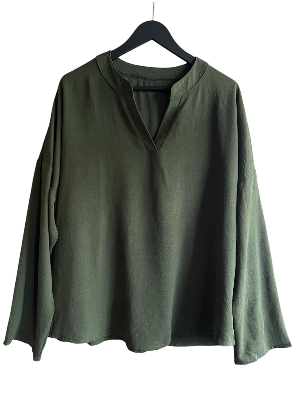 Olive Green Oversized V-Neck Blouse Tunic Top XL Casual Minimalist Boho Sheer